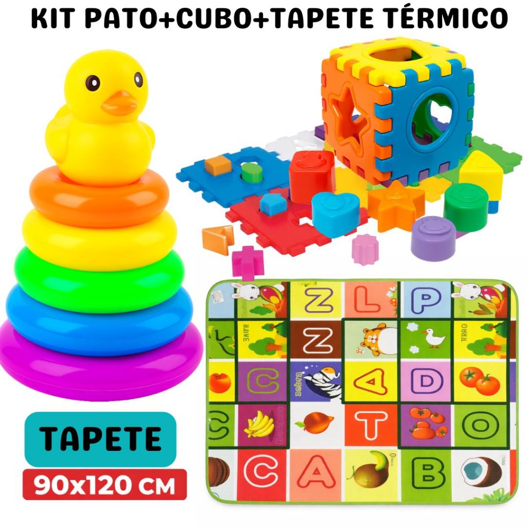 Kit Brinquedo Infantil Pato de Argolas + Cubo Didatico Empilhar + Tapete Térmico Infantil 90x120 Muito Macio