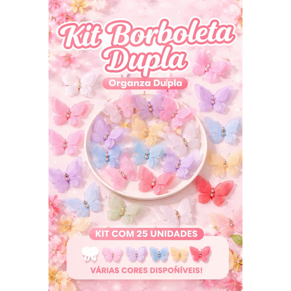 Aplique Borboleta de Organza com strass kit c/ 30 unidades para aplicar em laços roupas tiaras