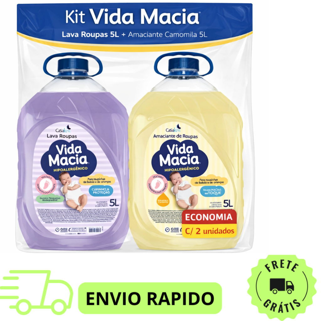 Lava Roupas Vida Macia 5 Litros + Amaciante Camomila 5 Litros Rende Mais.
