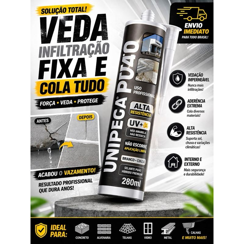Kit 1-6 Selante PU40 UniPega 400g Vedação Profissional Construção Alta Resistência Cor Branco Cinza