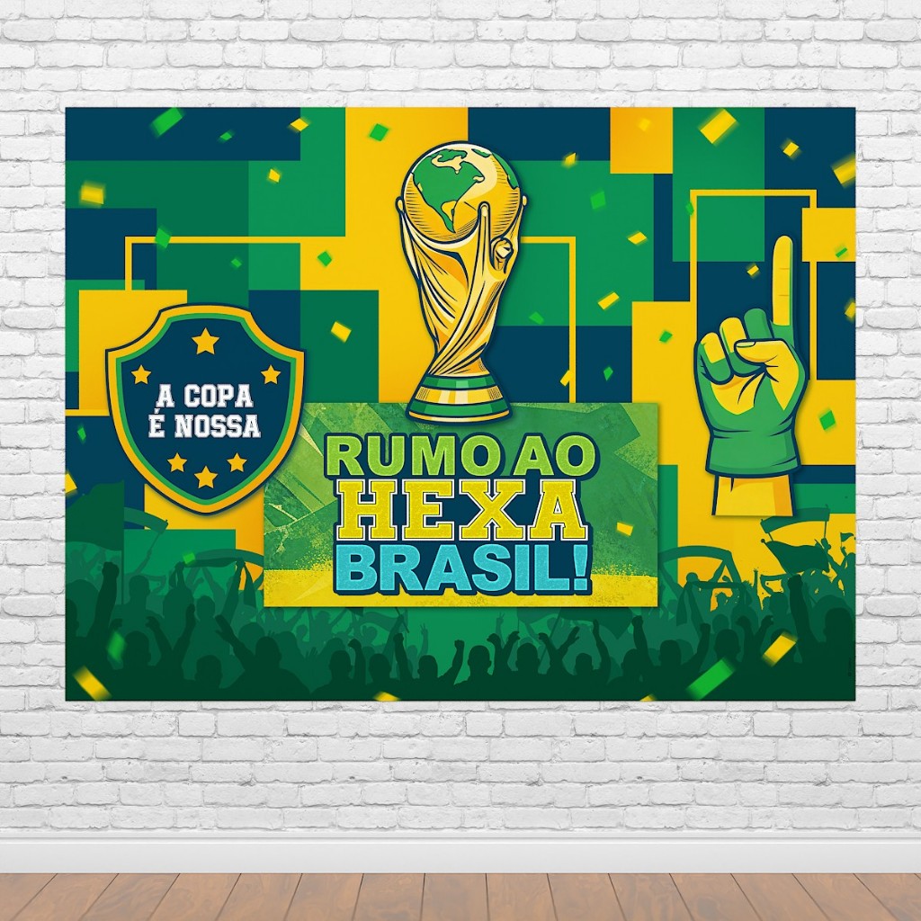 Painel Horizontal Futebol Festa Copa Brasil Hexa Retangular Horizontal Sublimado Em Tecido