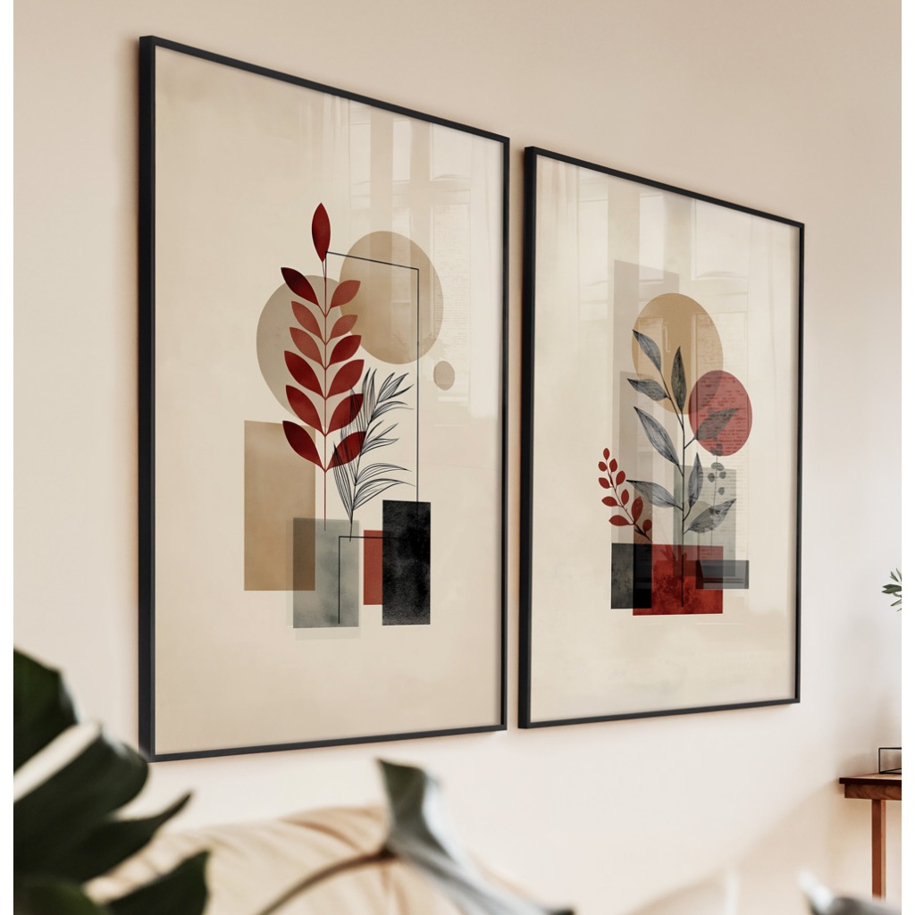 Quadro Moderno Abstrato Grande Quadro Decorativo Sala Quadro Folhagem Com Moldura Vermelho Bege Duo