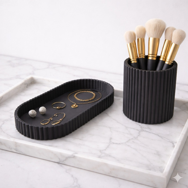 Organizador Porta Pincéis Maquiagem + Bandeja Joias Minimalista Luxo Decorativo