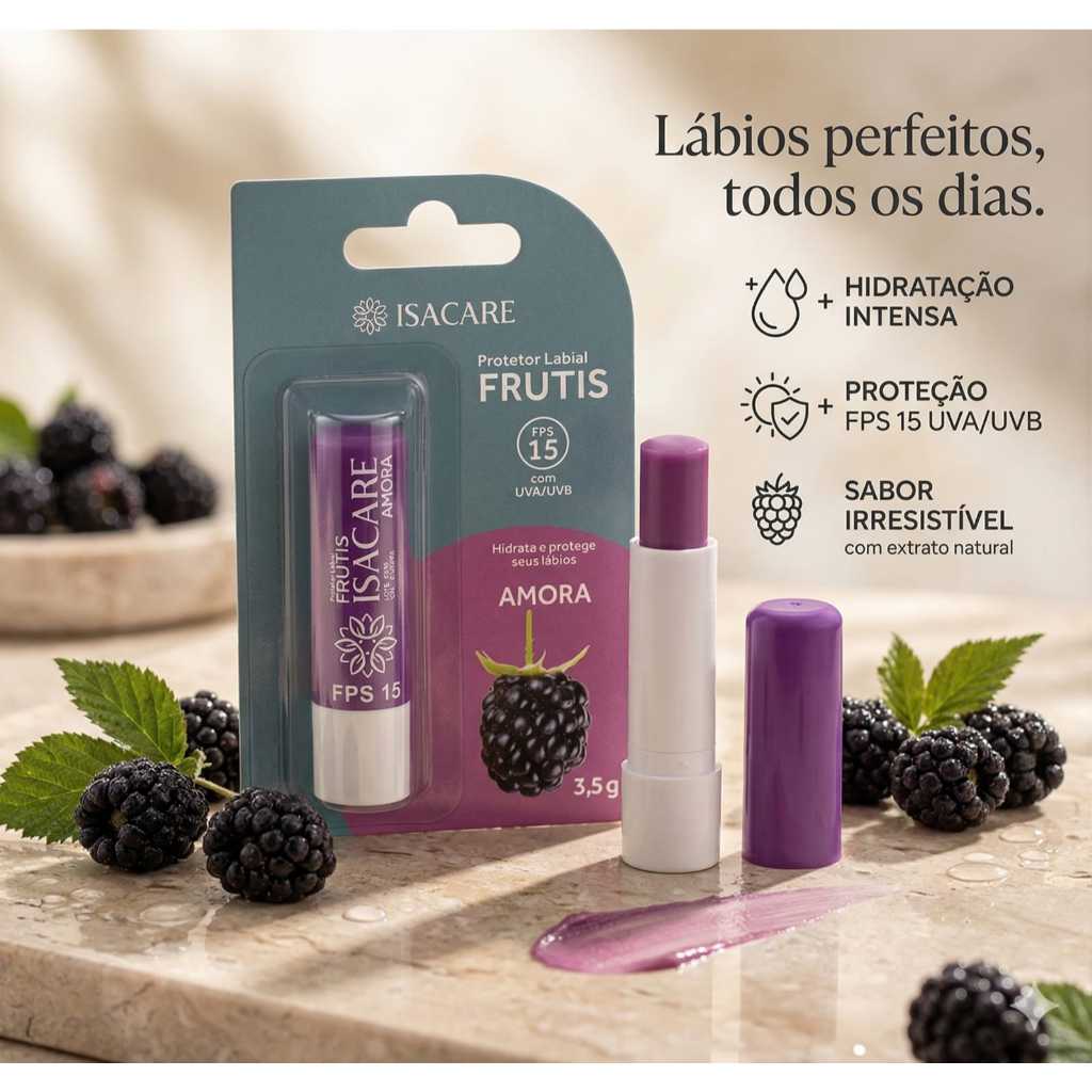 Protetor hidratante labial AMORA  Isacare fator solar 15 Hidrata e Protege