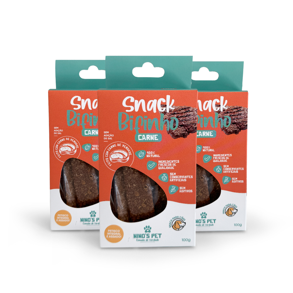 KIT 3 Petiscos Saudáveis para Cachorro - Snack Pet Bifinho de Carne 100% natural - Ninos Pet - 100g