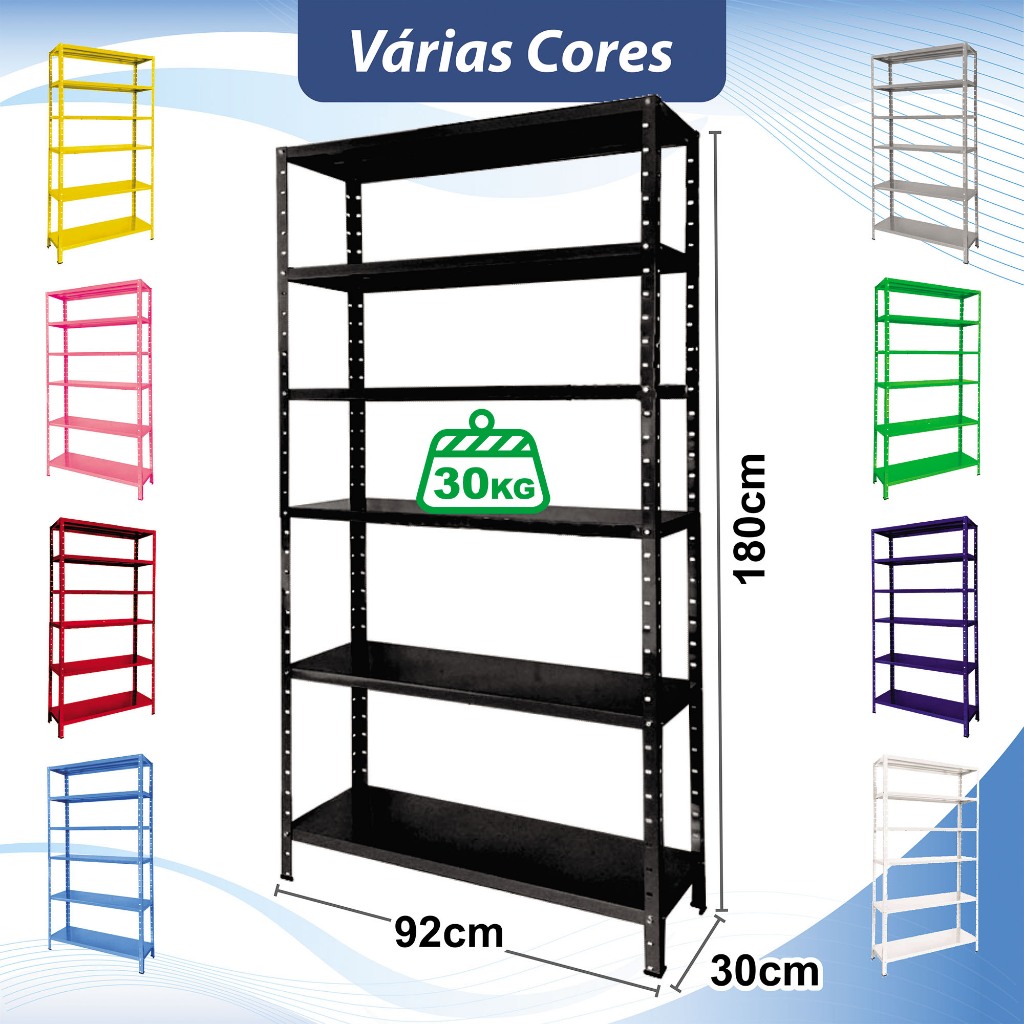 Estante 6 prateleiras reguláveis aço 92x30cm suporta 30kg cada prateleira várias cores