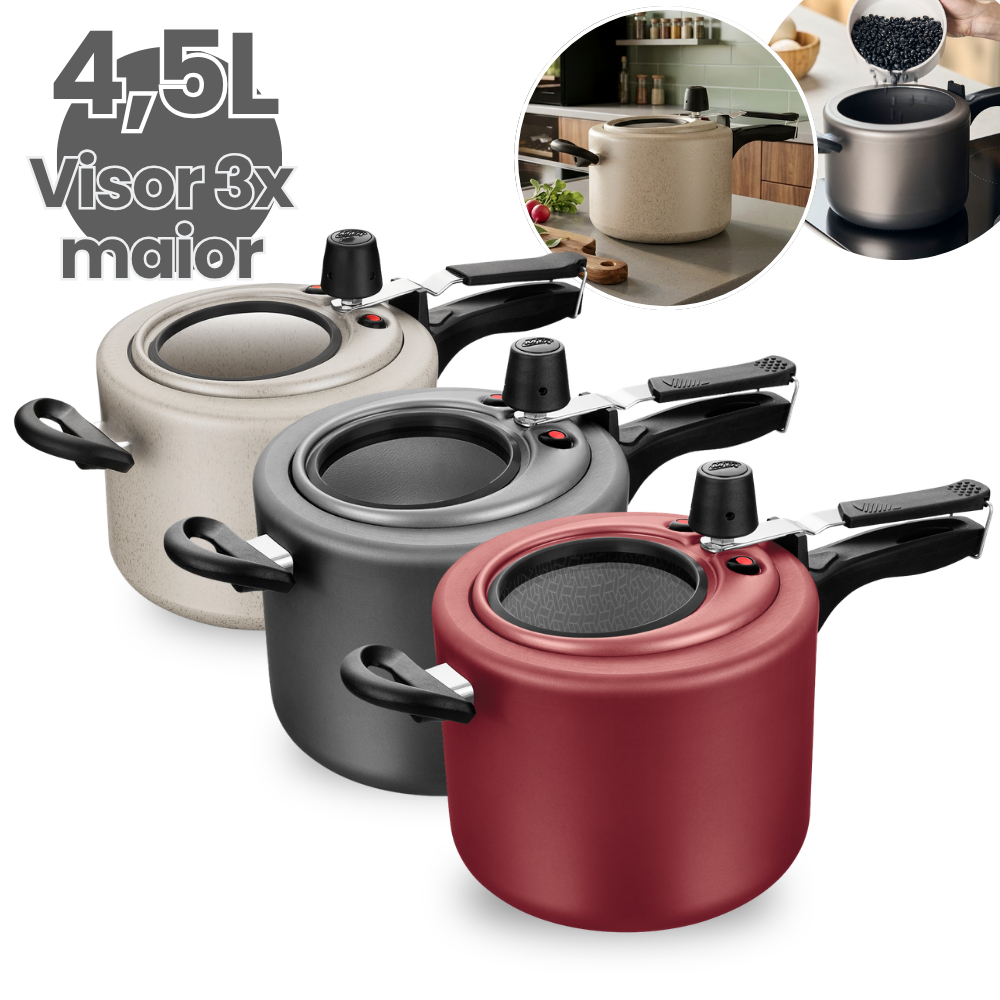 Imagem Panela de Pressão 4,5L Antiaderente com Visor de Vidro na Tampa Superior Grande Grafite/Cereja MTA