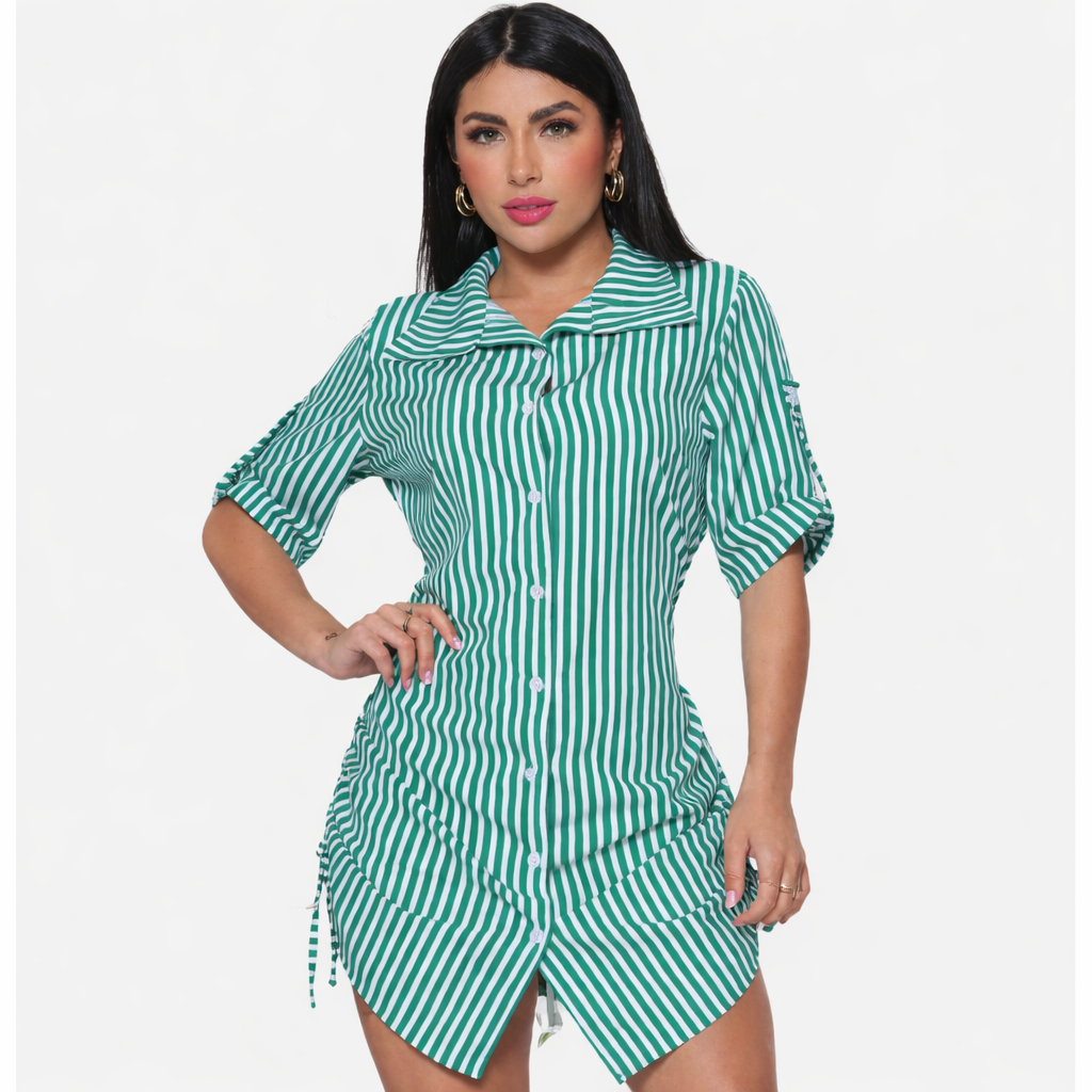 VESTIDO CHEMISE FEMENINO LONGO ACINTURADO COM CORDINHA LATERAL E ELASTEX NA CINTURA