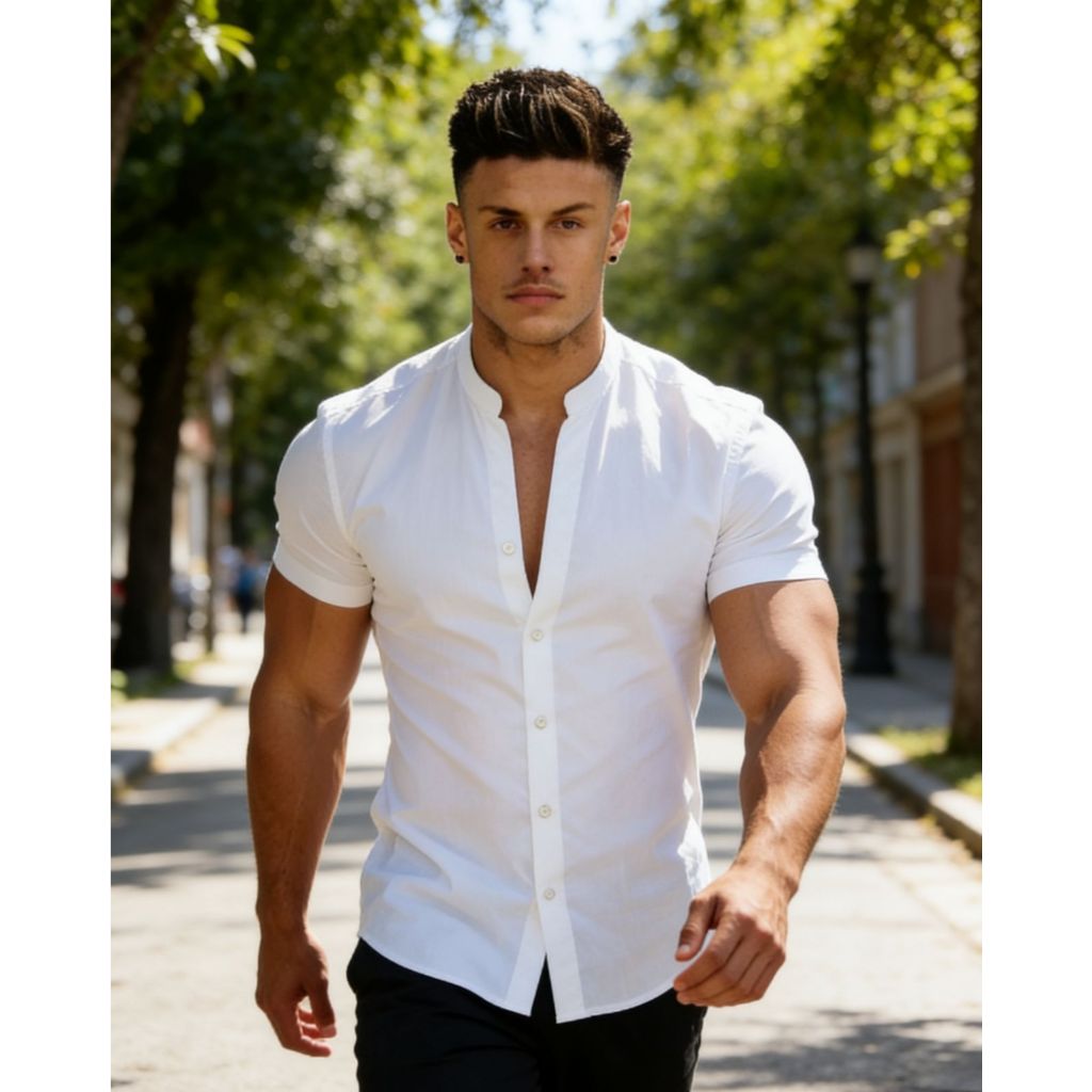 Camisa de manga curta com colarinho mandarim para homens  Blusa casual masculina de moda em Oferta na Shopee