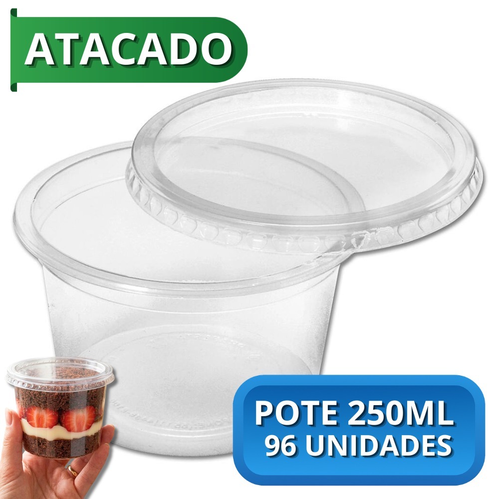 Kit Potes para Bolo Redondo 250ml Potinho Atacado 96un Freezer e Microondas Descartavel com Tampa