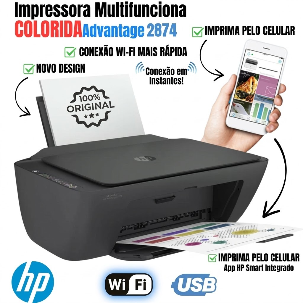 Lançamento! Impressora Multifuncional HP Original DeskJet Ink Advantage 2874 Wi-Fi Jato de Tinta