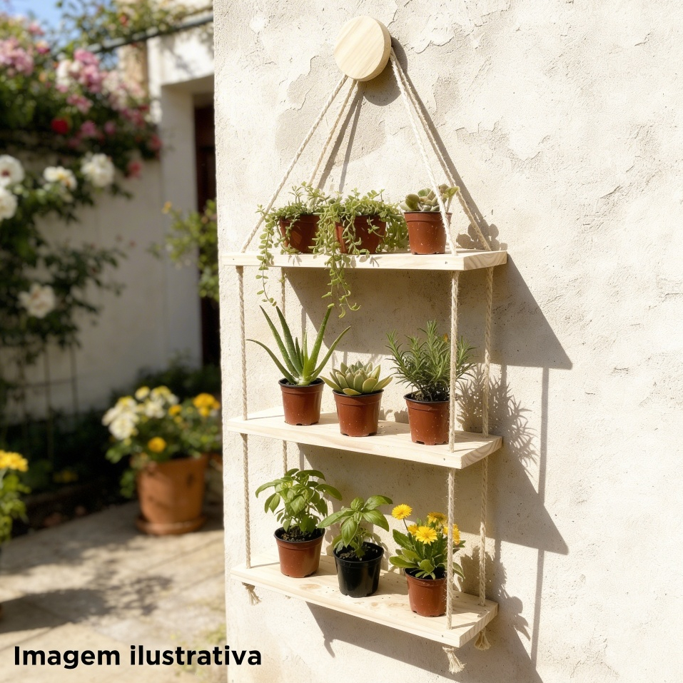 Floreira Prateleira Suporte Estante Suspensa Vertical Decoração Flores Madeira Pinus Corda Sisal