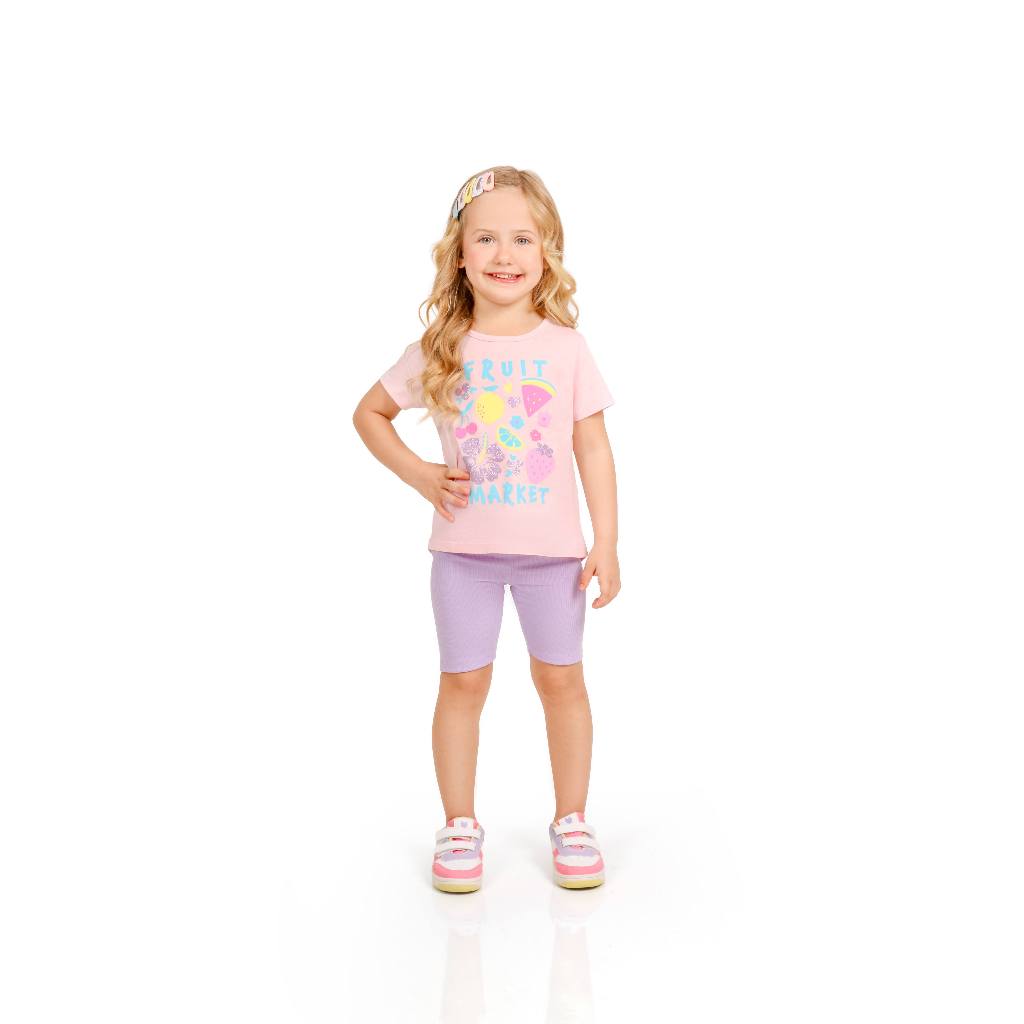 Conjunto Feminino Blusa Meia Malha Estampa Glitter e Short Ciclista Ribana 4x2 Conforto e Estilo