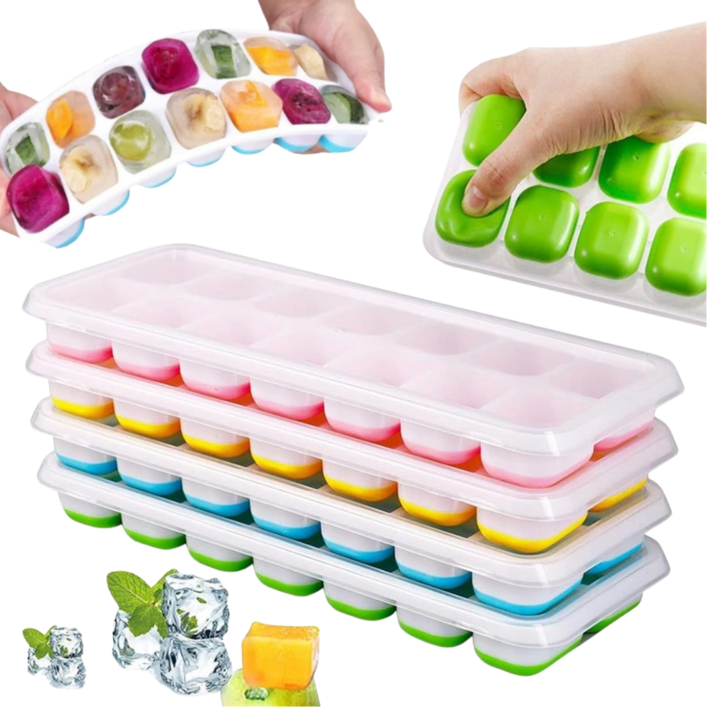 Kit Formas de Gelo Silicone Com Tampa Rígida Flexível Fundo Retangular Multiuso Lavável