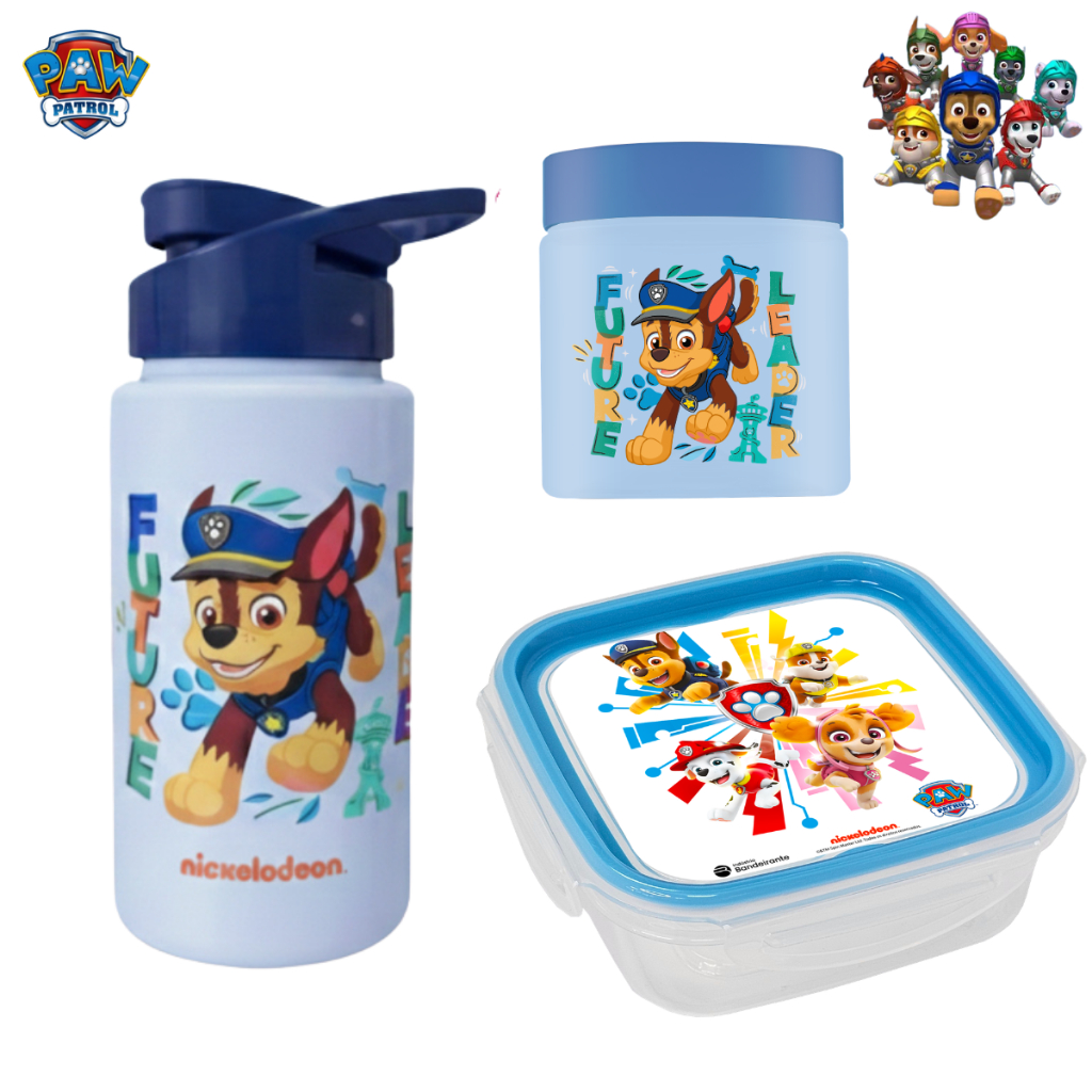 Kit Lancheira Patrulha Canina Chase | Squeeze garrafinha 500ml + Pote 550ml + Sanduicheira 640mL |Presente Volta às Aula