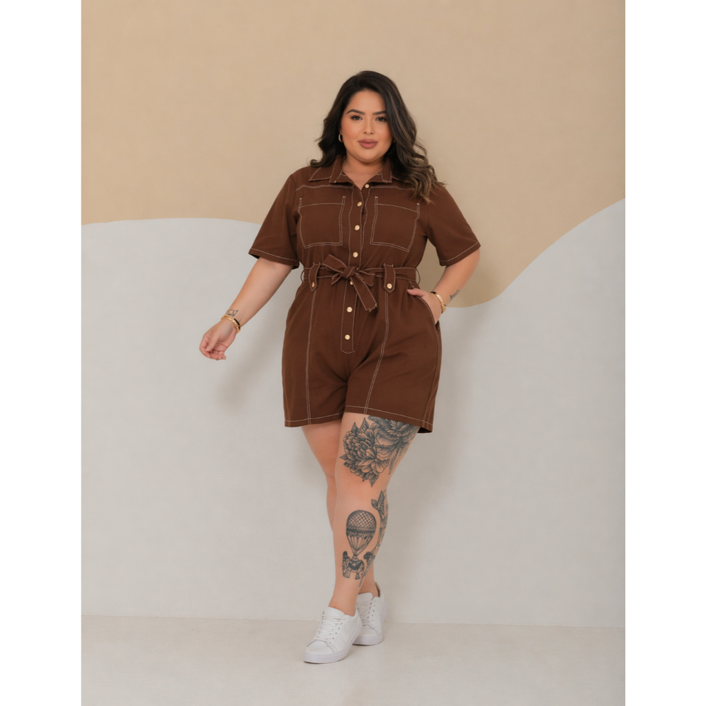 Macacão Feminino Plus Size Elegante Cargo Alfaiataria Lastex Bolsos Botoes Cinto Faixa Macaquinho Chic Viagem Casual