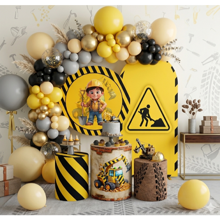 Kit Completo Capas Bibi Painéis + Cilindros Decoração Infantil Construção Festa Menino Obras