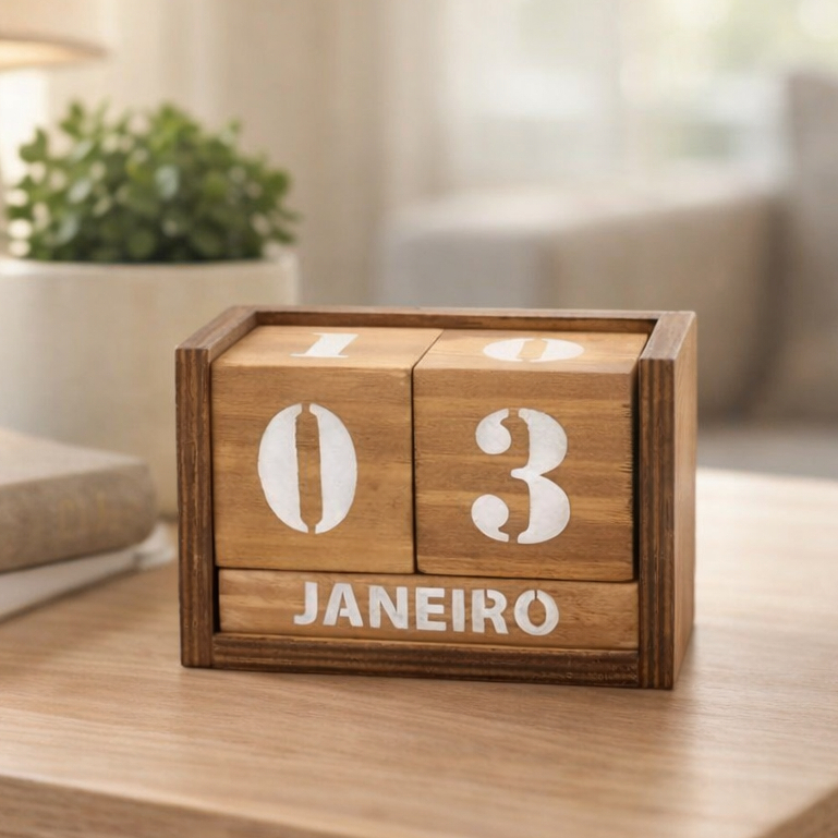 Calendário Perpétuo Madeira Rústica Decorativo Cubos Data Mesa Escritório Vintage
