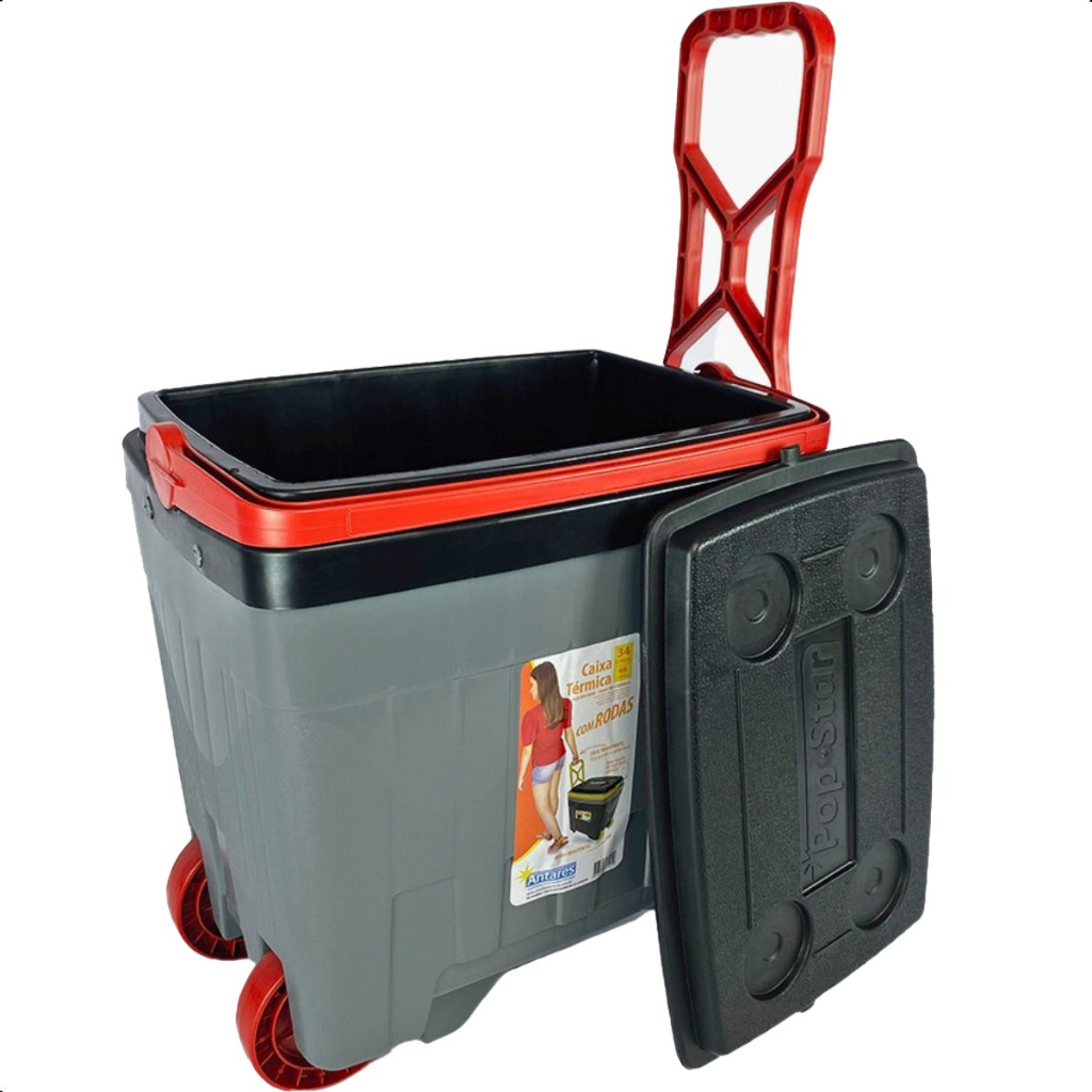 CAIXA TERMICA COOLER GRANDE 34L RESISTENTE CAMPING PRAIA COM RODAS TAMPA HERMETICA PORTA COPOS ALÇAS RETRATILL