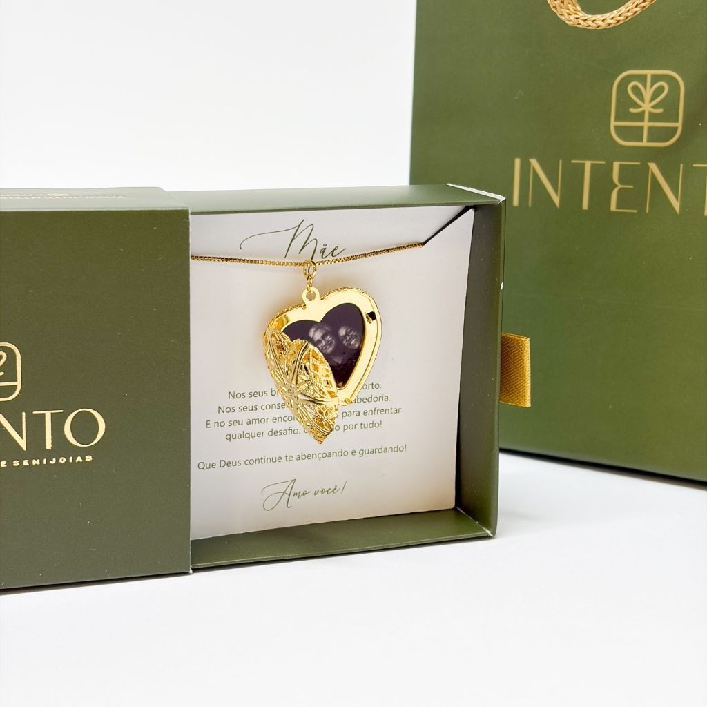 Relicário Coração Personalizado com Foto – Colar para mãe com Caixa Presente - Semijoia