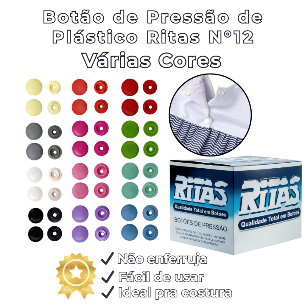 Botão Tic Tac Plástico Ritas 12 – Botão de Pressão de Plástico para Roupa e Artesanato com 200un