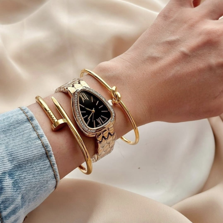 Conjunto de Relógio Feminino Dourado e Braceletes Aço inoxidável Acessórios Relogio Pulseira
