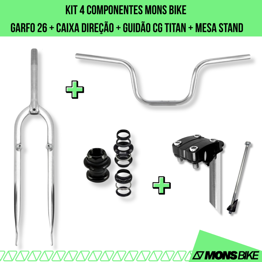 Kit com 4 Componentes Bike Garfo Aro 26 Standard + Guidão Alto Tipo Moto + Mesa + Caixa Direção