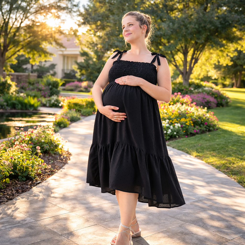 Vestido de Grávida Gestante Com Alçinha Vestido Midi Preto