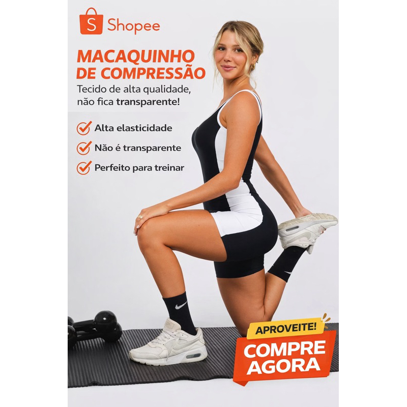 Macaquinho Academia Feminino Alta Compressão Não Transparente Modelador Confortável Branco e Preto P ao GG