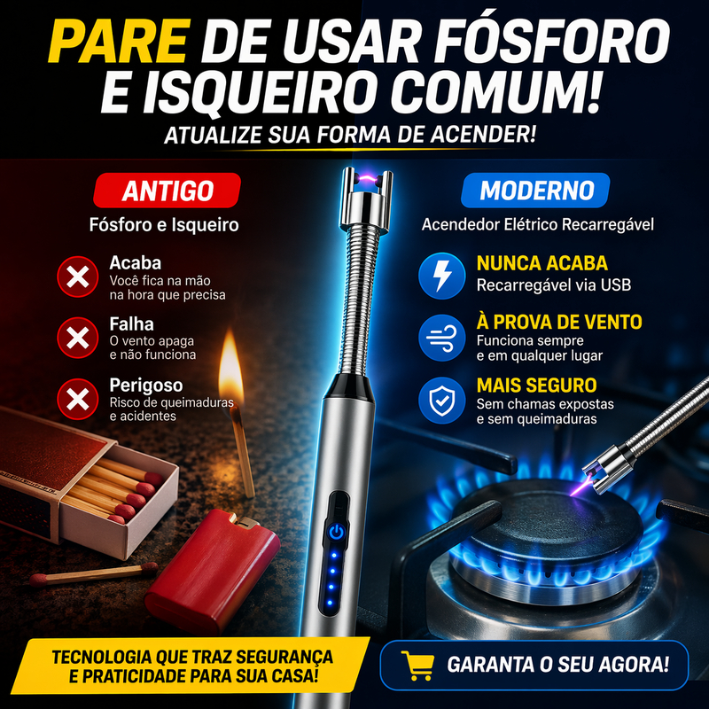 Acendedor Elétrico USB Recarregável Plasma Isqueiro Fogão Churrasqueira Flexível à Prova de Vento