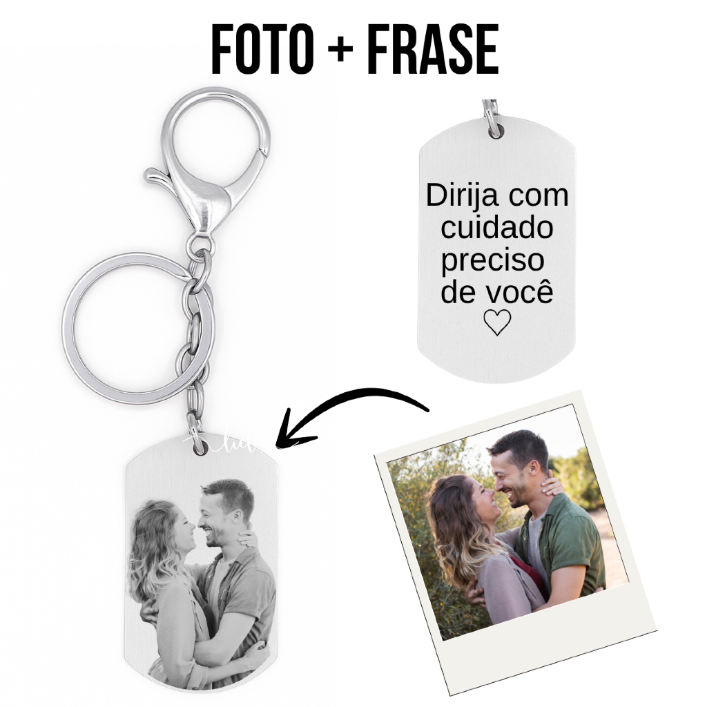 Chaveiro Personalizado Aço Inoxidável Retangular Gravação A Laser Foto + Frase Presente Lembrança