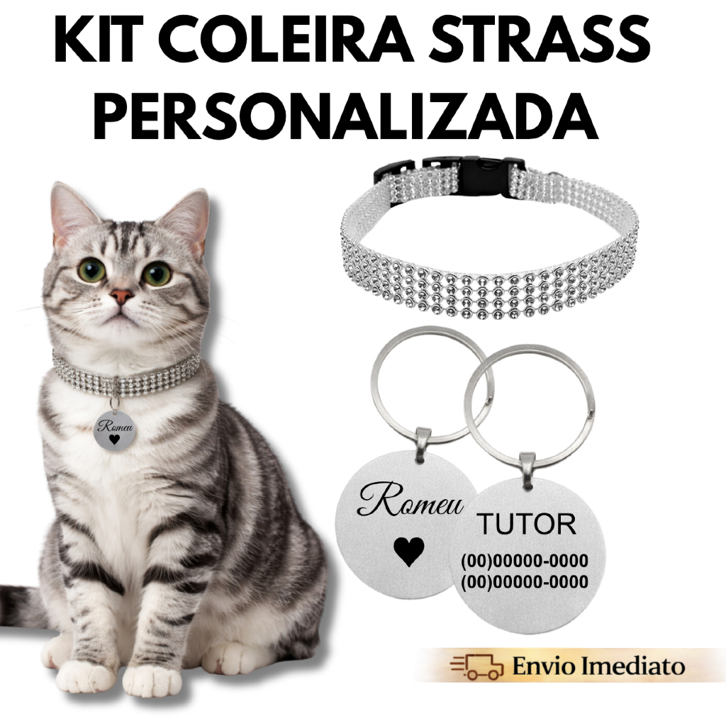 Kit Coleira Pet Gatos Plaquinha Personalizada Nome Telefone Identificação Strass Pingente Gravação