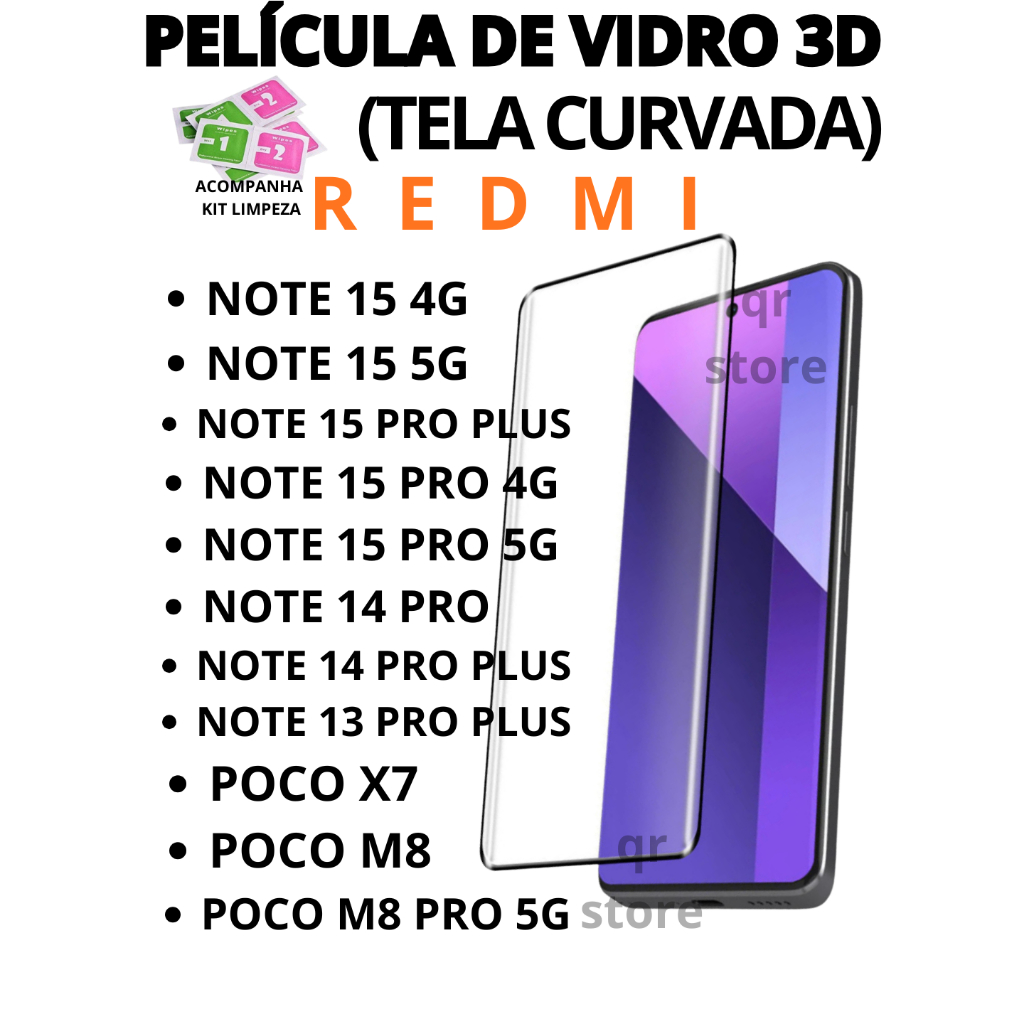 Película de Vidro 3d Curvado para Redmi Note 15 Pro Plus 14 Pro Plus 13 Pro Plus X7 Note 15 POCO M8/m8 Pro 5g