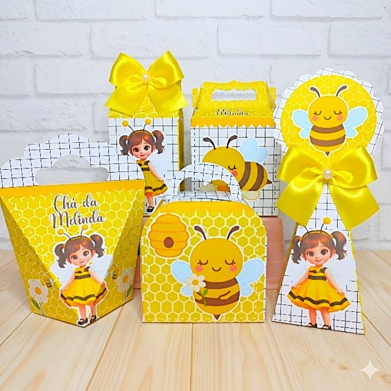 PEGUE E MONTE - Kit Festa Caixinhas Personalizadas Abelhinha | Lembrancinhas Festa Infantil Menina com Laço