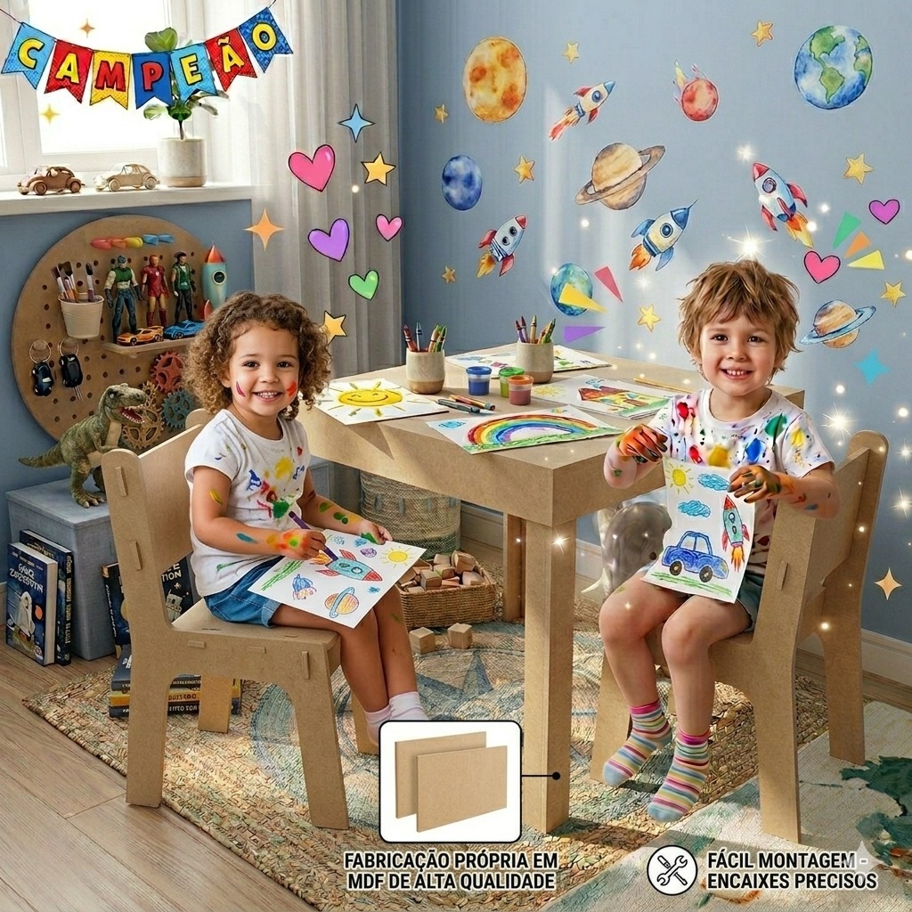 Mesa Infantil MDF Cru + 2 Cadeiras - Melhor Custo Benefício - Mesa Infantil Para Estudo E Desenho - Kit Completo Em MDF