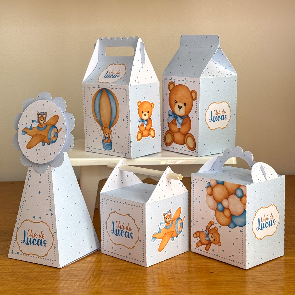 PEGUE E MONTE|Kit Festa Personalizado| CHÁ DE BEBE AZUL | Caixinhas Lembrancinha para Aniversário - SEMIMONTADAS