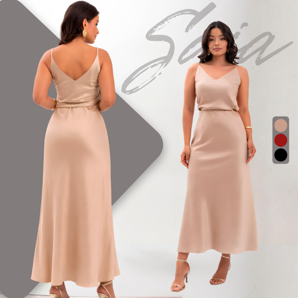 Saia Midi Feminina Cetim Lisa Elegante Casual Festa Bege Preta Vermelha P ao GG
