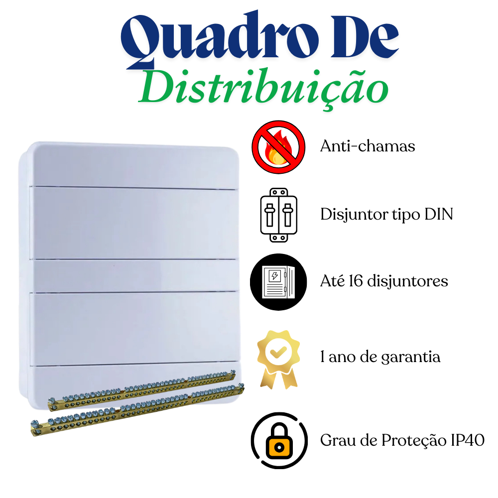 Quadro de Distribuição 16 Disjuntores Embutir com Barramento Caixa de Luz Elétrica Residencial