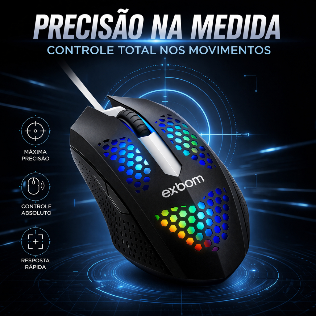 Mouse Gamer Preto Exbom RGB Preto Com Fio LED DPI Jogo Ergonômico USB PC Notebook Plug and Play