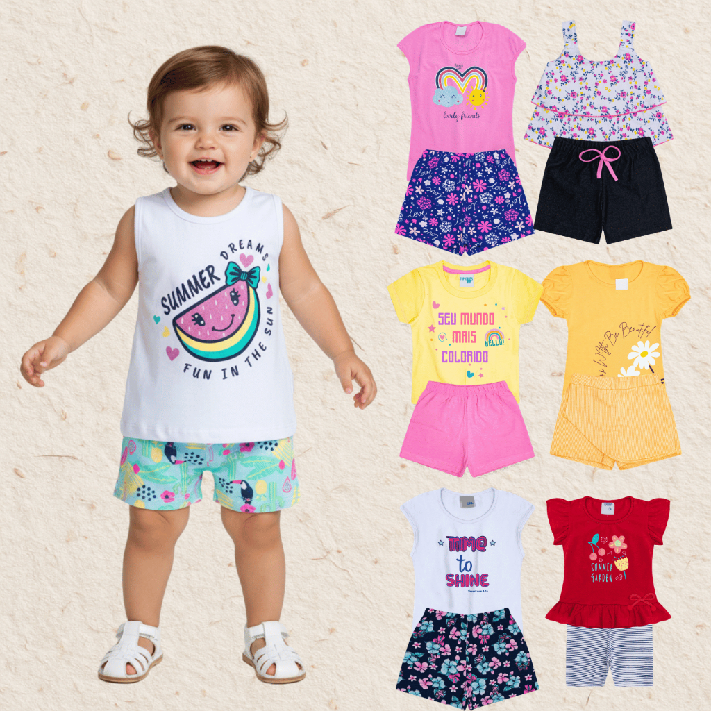 Kit 4 8 ou 12 Peças Roupa Infantil Menina Verão Conjuntos Sortidos Feminino Criança Tam 1 Ao 12