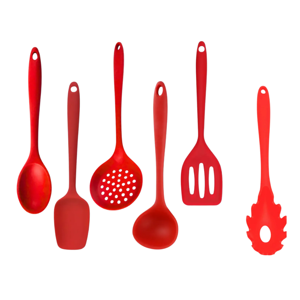 Kit 6 Utensílios Vermelho e Kit 4 Utensilios Preto Cozinha Silicone Resistente Não Risca - Praticasa