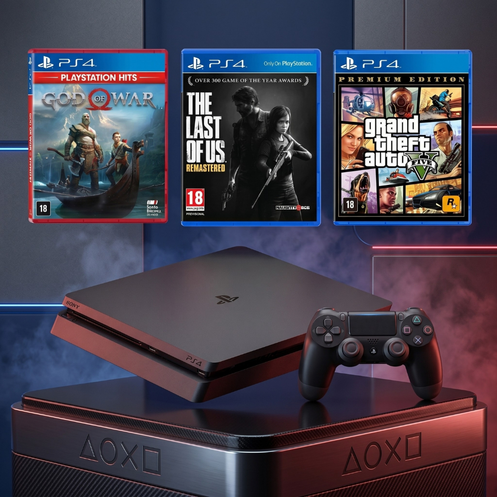 Imagem Ps4 Playstation 4 Completo Semi Novo Play Videogame Usado 500GB  + 1 Controle Original + GTA V