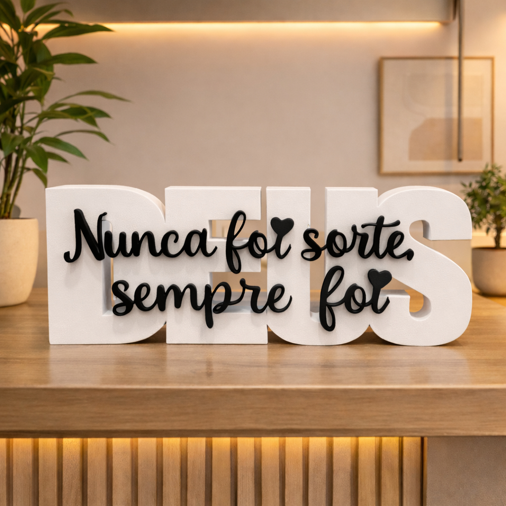 Letreiro Decorativo Nunca Foi Sorte Sempre Foi Deus 3D Decoração Cristã