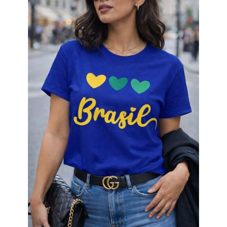 Camisa Camiseta feminina estilosa 3 CORAÇÕES Brasil estampada copa do mundo 100%  algodão  jogo do  brasil 2026