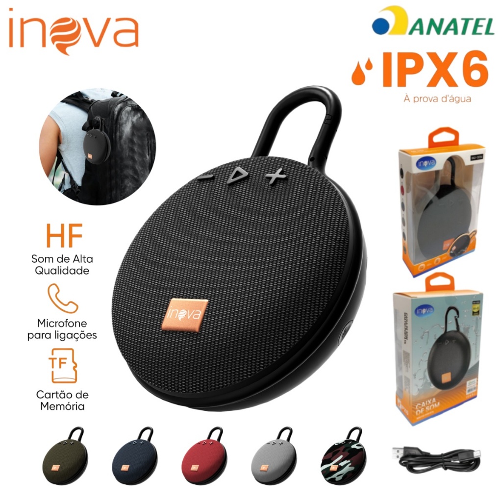 INOVA Caixa de Som Clip Bluetooth Mini Portátil 5W com Gancho, À Prova d'Água para Esportes