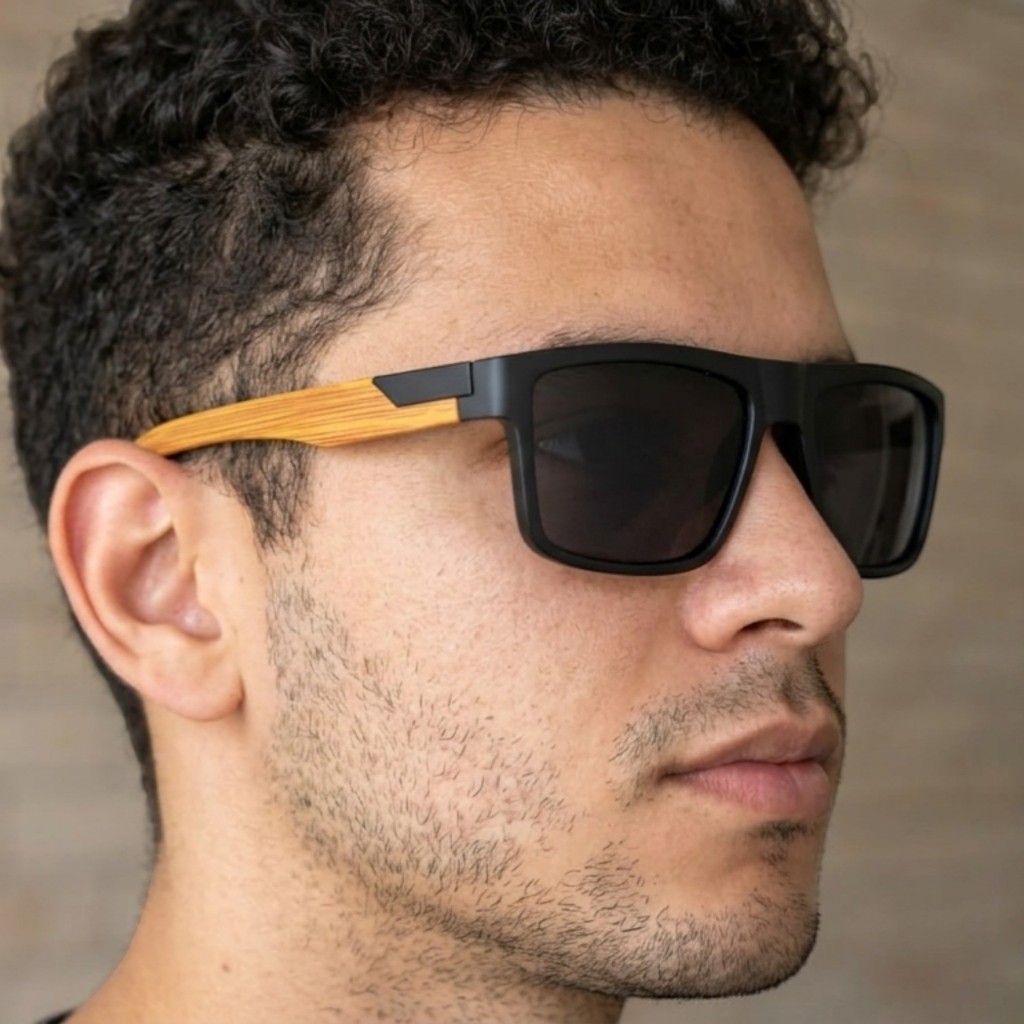 Óculos de Sol Masculino Haste Madeira Bambu Preto Fosco Lente Escura UV400 Estilo MD-24 — imagem 2 de 2