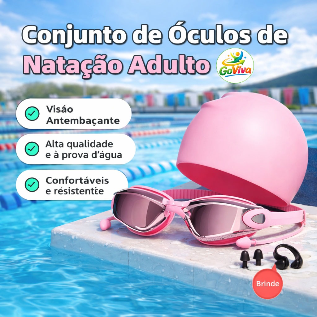 Conjunto de Óculos de Natação Adulto, Anti-Embaçamento, À Prova d'Água, Armação Grande com Tampões