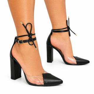 Scarpin Feminino  Salto Bloco 10cm Transparente Amarração e abotoar Preto Branco Nude