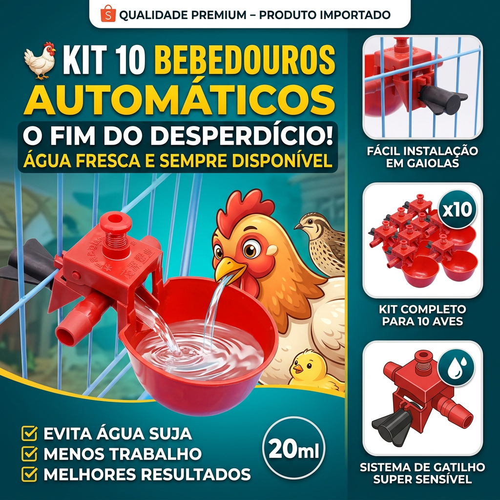 🐔 Kit 10 Bebedouros Automáticos Copo 20ml para Aves, Frangos e Codornas