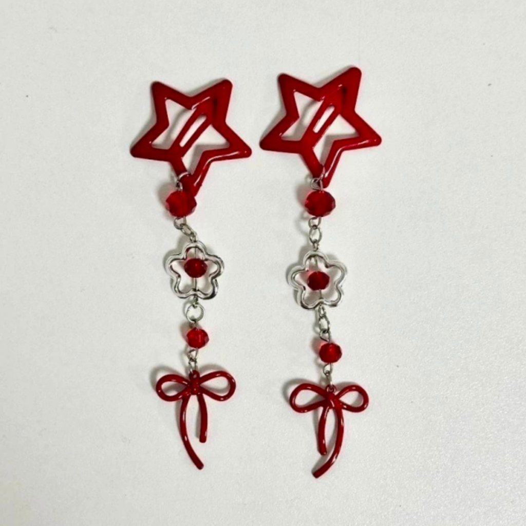 Par de presilha vermelha de estrela com pingente de laço vermelho - presilha de estrela vermelha